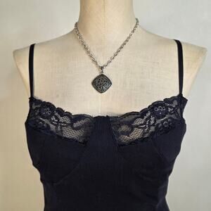 Y2K Navy Lace Fitted Cami Top Dark Feminine Coquette Size Large